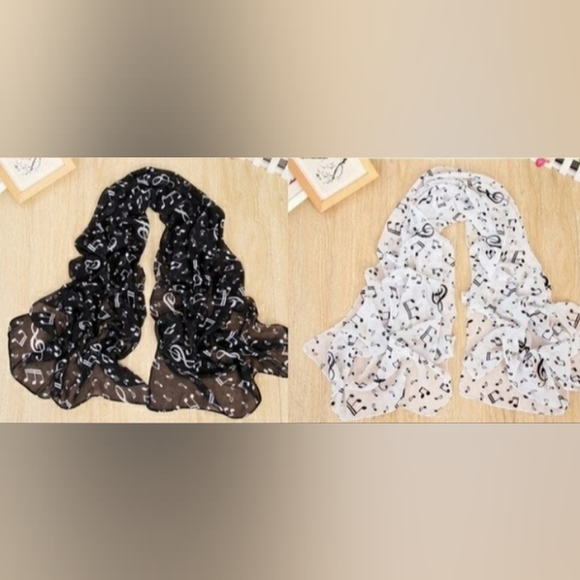 Chiffon Black Music Note Print Wrap Scarf White + Scarf Buckle - Picture 13 of 16